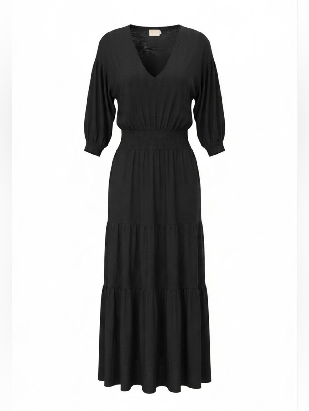 Nation LTD Black Pima Cotton V-neck 3/4 Sleeve Boho Minimalist Maxi Dress medium